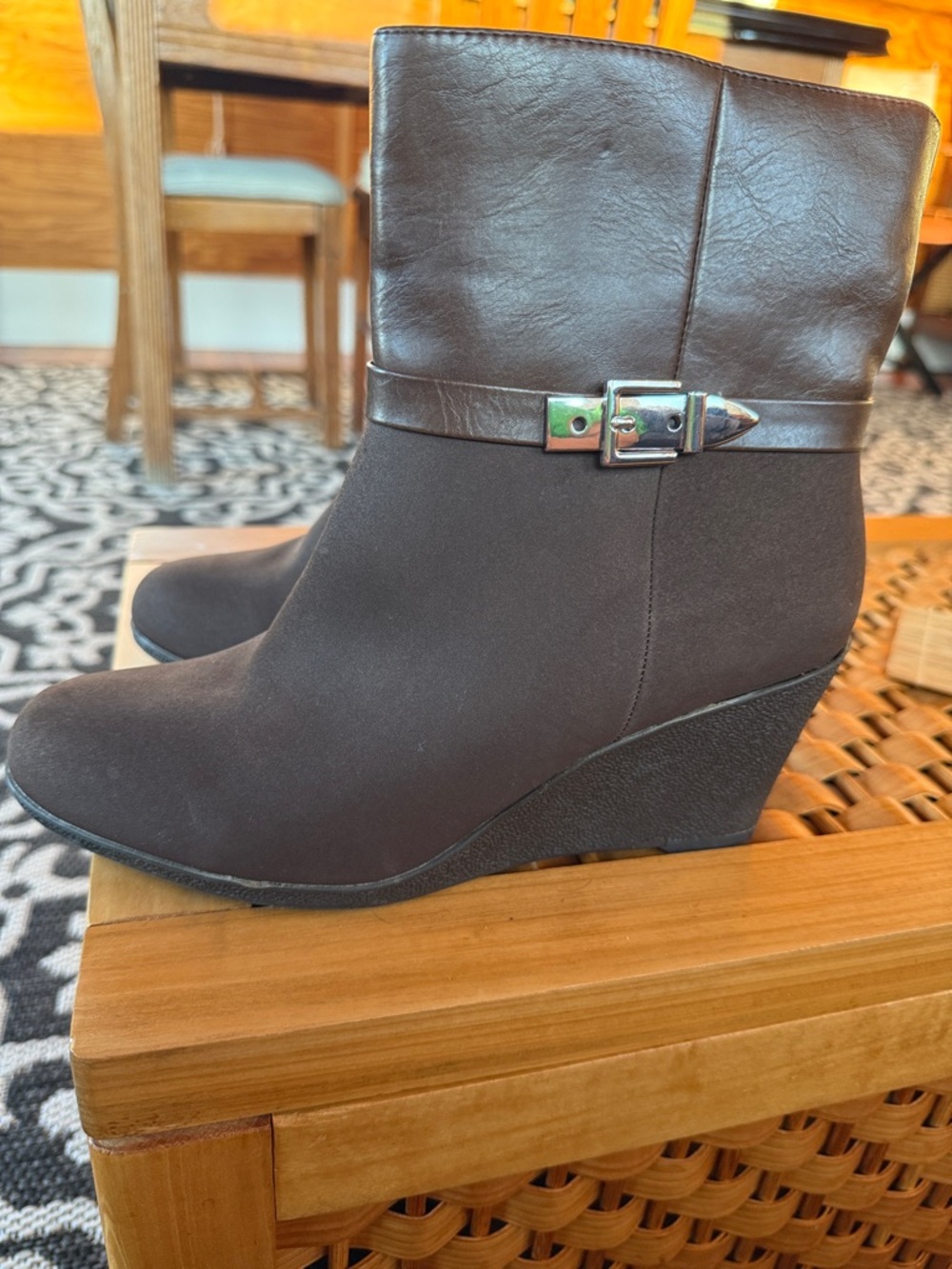 Women's Brown Wedge Ankle Boots with Buckle Detail